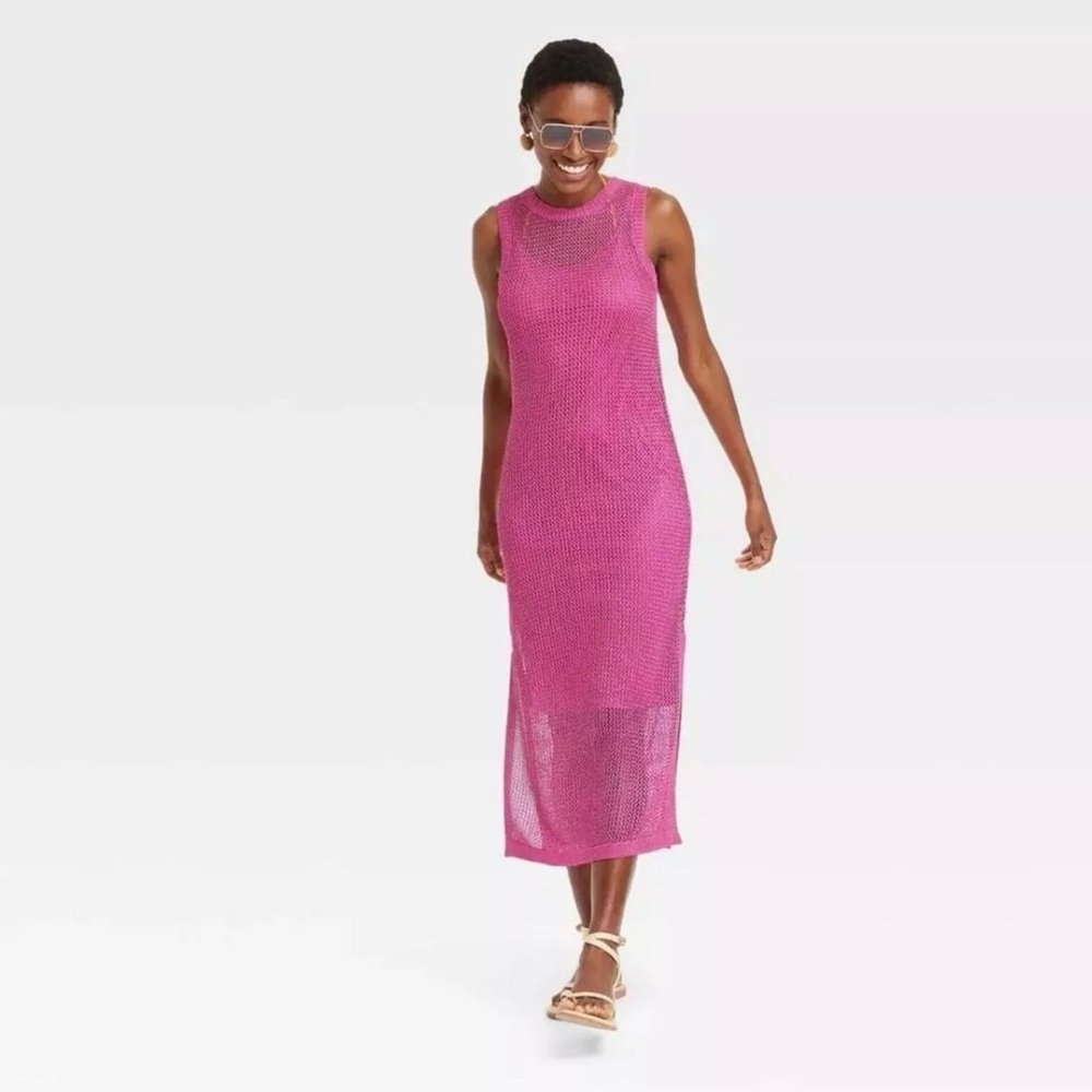 A New Day Women's Open Work Sweater Tank Sheer Knit Midi Dress Pink Size XS